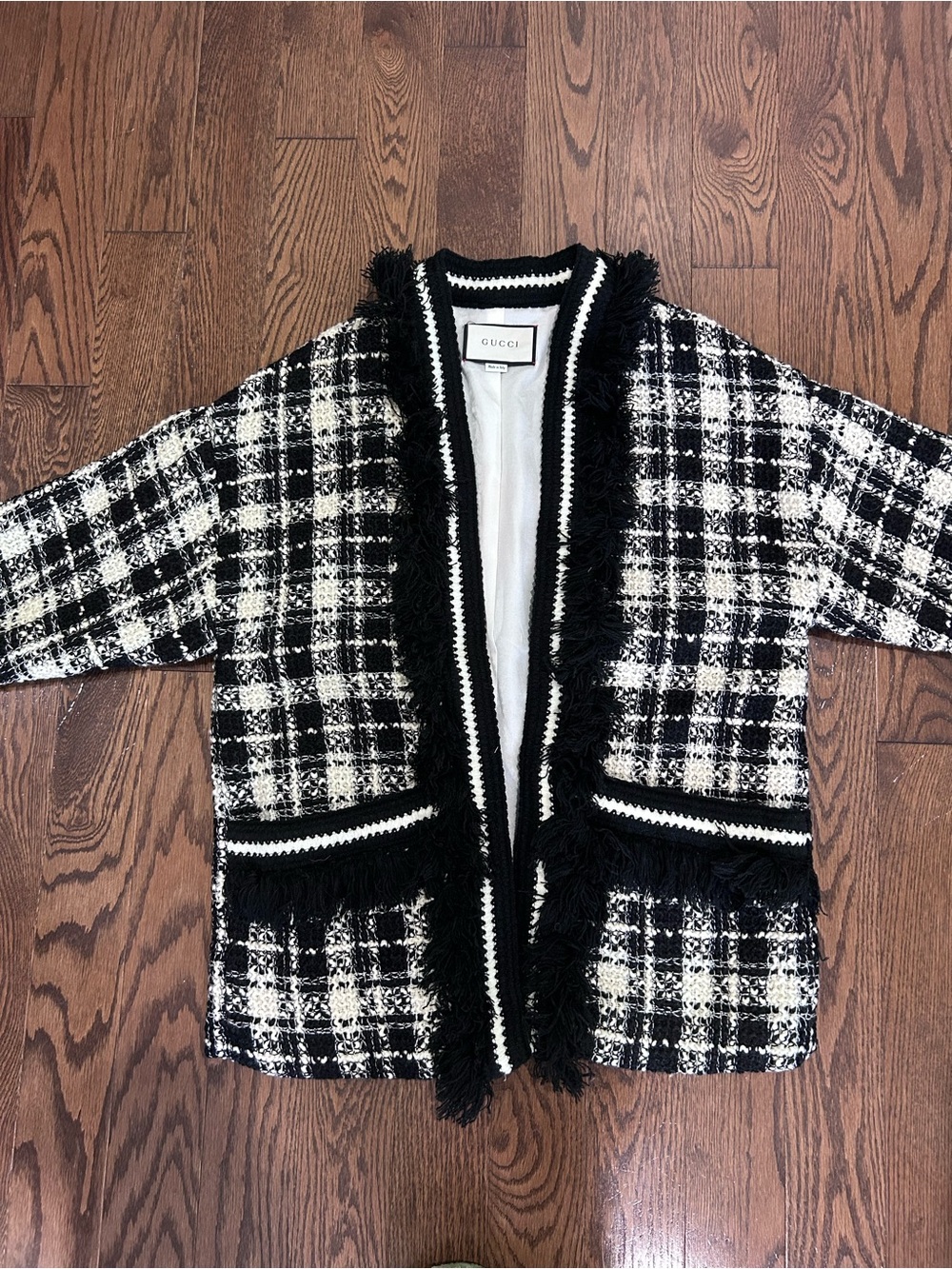Gucci Black and White Plaid Tweed Fringe Open Cardigan